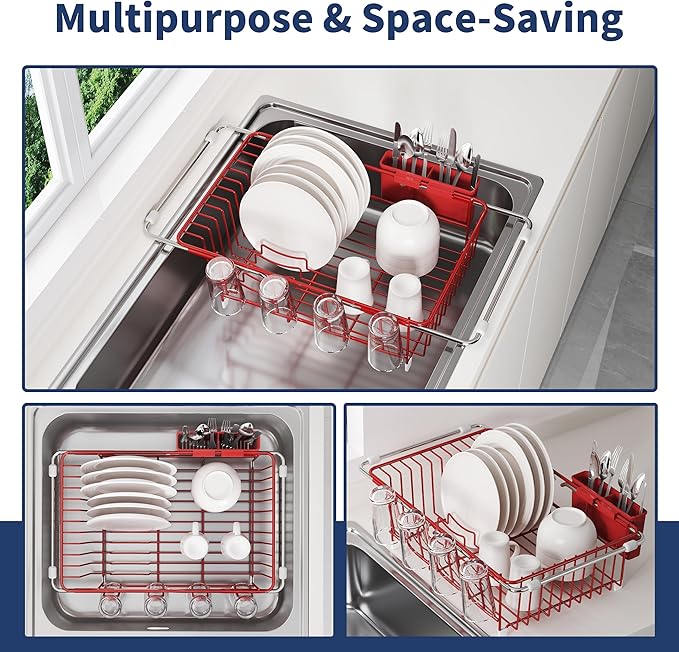 JASIWAY Dish Drying Rack in Sink, Red Dish Dryer Racks Over Sink, Dishes Drainers for Kitchen Sink, Stainless Steel Plates Drying Rack with Utensil Holder & Cups Holder