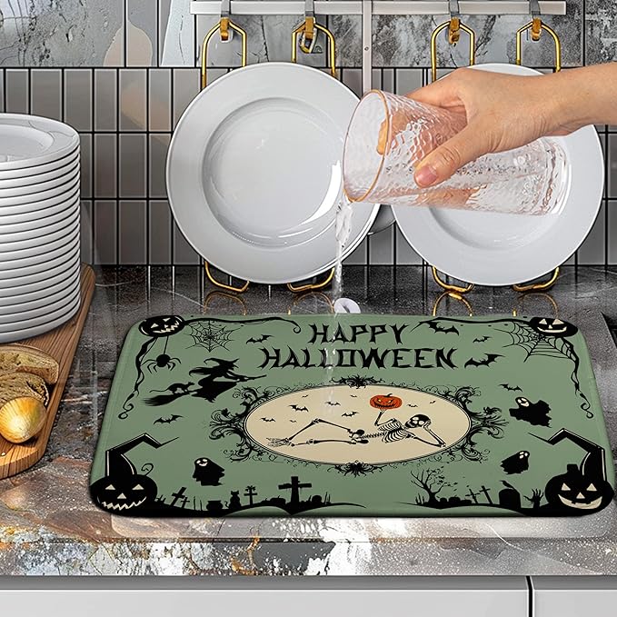 Wnoesat Happy Halloween Dish Drying Mat for Kitchen Counter 16x18 Skull Pumpkin Witch Spider Web Bat Ghost Drying Mats Green Black Absorbent Microfiber Dish Drainer Rack Pad for Coffee Bar