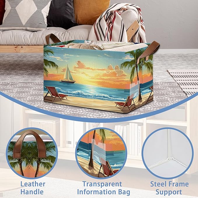 Tropical Palm Tree Storage Basket with Handles,Sunset Beach Collapsible Rectangle Organizer Bin for Room Decoration Books Box Baskets 17x11.5x10Inch
