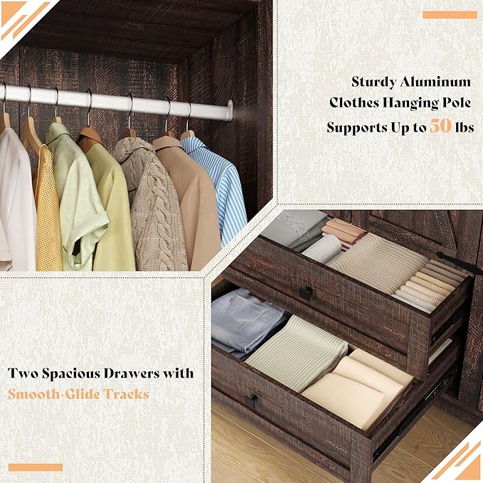 AMERLIFE Farmhouse 3 Door Wardrobe Closet with 2 Drawers & Hanging Rod, 47" Large Armoire Storage Cabinet with Adjustable Shelves, Freestanding Clothing Organizer for Bedroom, Barnwood Brown