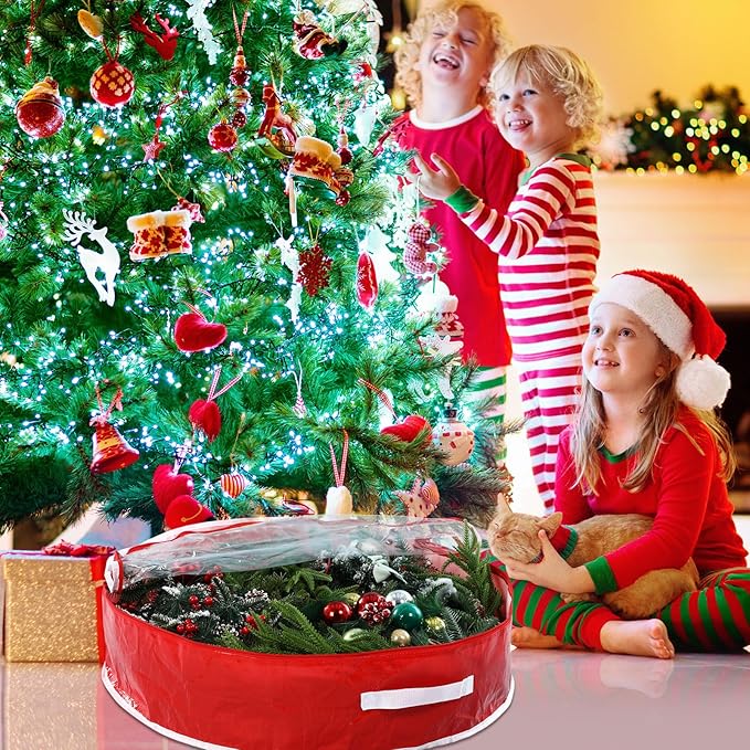 4 Pcs 36 Inch Christmas Wreath Storage Bag Candy Cane Wreath Storage Container Clear Window Dual Zipper Handle Red White Peppermint Garland Organizer for Holiday Decoration, Cute Lollipop