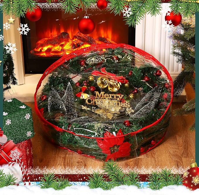 Shappy 4 Pieces Clear Christmas Wreath Storage Container 24 Inches Xmas Wreath Storage Bag Plastic Christmas Garland Container with Dual Zippers and Reinforced Handles for Xmas Seasonal (Red)