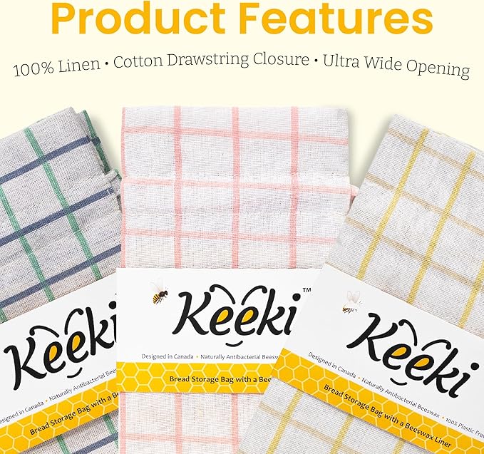 Keeki Bag - The Original Beeswax Lined Bread Bag for Homemade & Sourdough | Reusable Linen Bread Storage | Beeswax Wrap Alternative | Plastic-Free Storage w/Wide Drawstring Closure (Yellow)