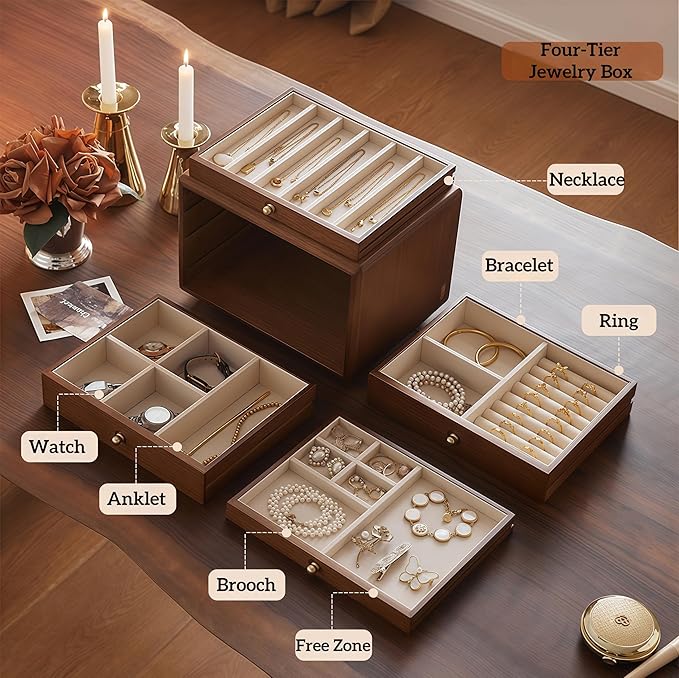 Solid Wood Jewelry Organizer,Vintage Jewelry Box for Women,4 Layer Wooden Box,Jewelry Storage with Glass Lid,Organizers and Storage for Rings,Earrings,Necklace,Watches,Gifts(No Mirror)