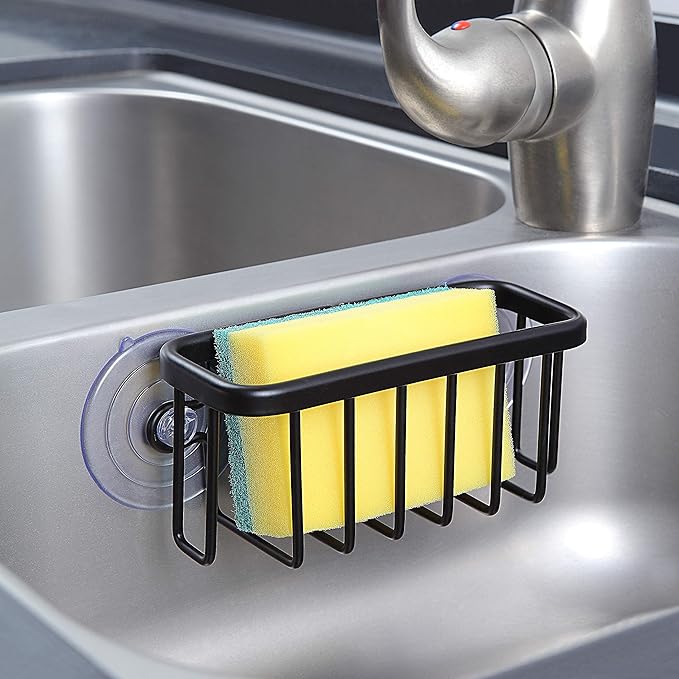 SunnyPoint NeverRust Kitchen & Bathroom Sink Caddy for Sponges, Scrubbers, Soap, 6" x 2.5" x 2.65", with Adhesive Mount - Additional Suction Cup Included –Aluminum (Black)