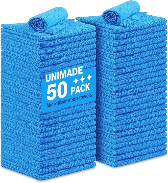 UNIMADE Shop Towels Rags, 50 Pack Reusable Shop Rags Bulk Microfiber Cleaning Cloth Lint Free Cleaning Towels for Car Kitchen Automotive Bar Mechanic Restaurant Garage, 11.5"x 11.5", Blue