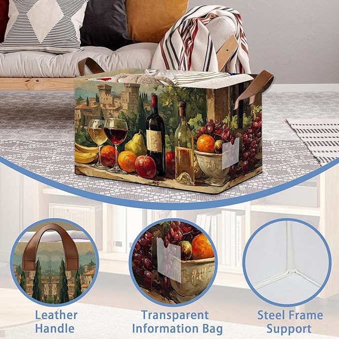 Vintage Red Wine Storage Baskets,Butterfly Plants Foldable Large Capacity Organizer Bins with Waterproof Lining and Leather Handles for Closet,Shelf,Bedroom 17x11.5x10Inch