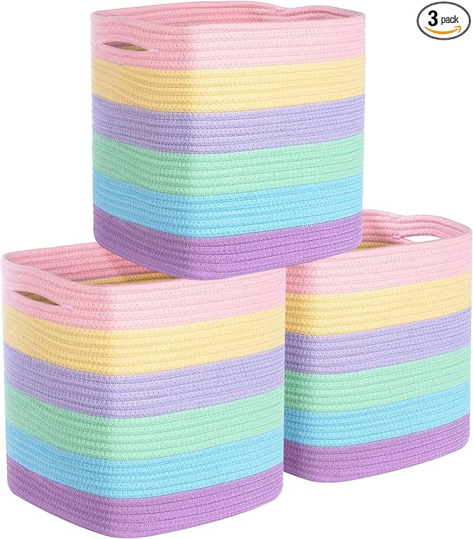 MINTWOOD Design 3-Pack 11x11in Woven Cube Storage Bin and Shelf Baskets, Cute Decorative Square Organizer for Closet, Classroom, Bathroom, Dog and Cat Toys, and Books, Pastel Rainbow