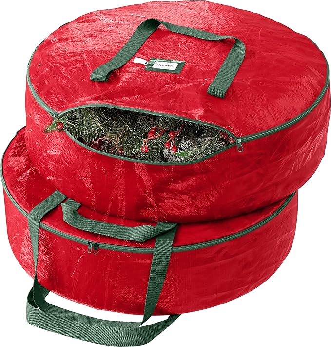 Heavy Duty Wreath Storage Bag 30 Inch, 2-Pack - Christmas Wreath Storage Container Red - Waterproof Plastic Material Wreaths Holder Storages - Holds 30 Inch Wreaths For Year Round