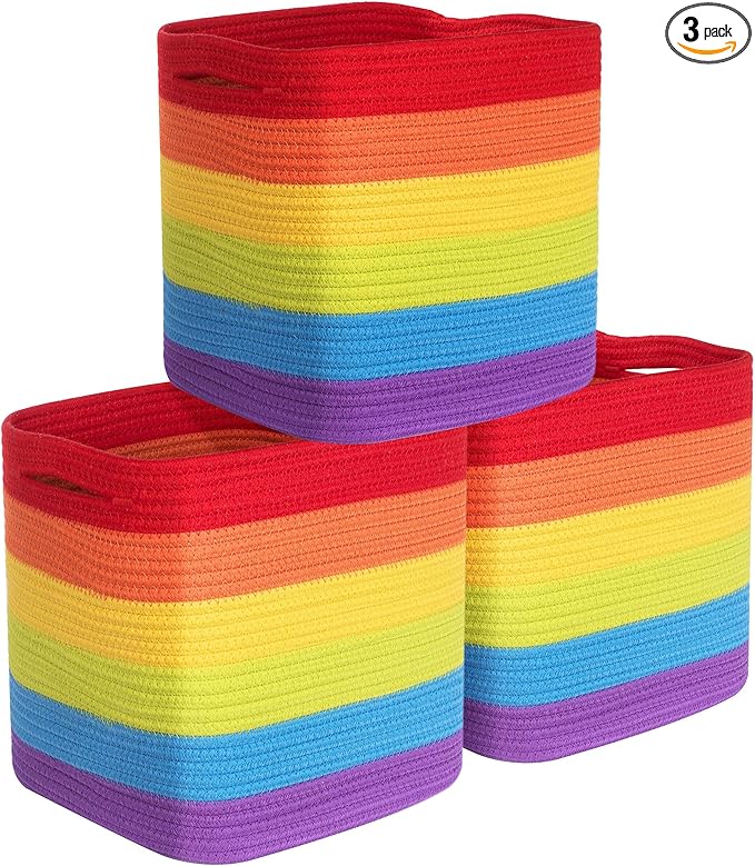 MINTWOOD Design 3-Pack 11x11 Inch Cube Storage Bin, Woven Storage Cube Organizer, Closet Organizer, Cute Square Storage Bins, Decorative Classroom Bathroom Pantry and Shelf Baskets, Rainbow