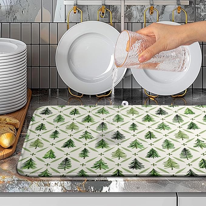 Wnoesat Christmas Dish Drying Mat for Kitchen Counter 18x24 Inch Sage Green Xmas Tree Drying Pad Winter Holiday Dish Draining Mat Microfiber Absorbent Dish Drainer Rack Mat for Coffee Bar