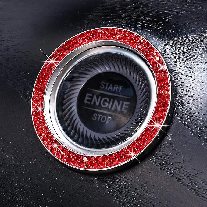 ToBeQueen Push Start Button Bling Rings Auto Car Engine Start Stop Button Sticker Emblem,Rhinestone Bling Red Car Accessories Decor for Women 2 Pcs,Red
