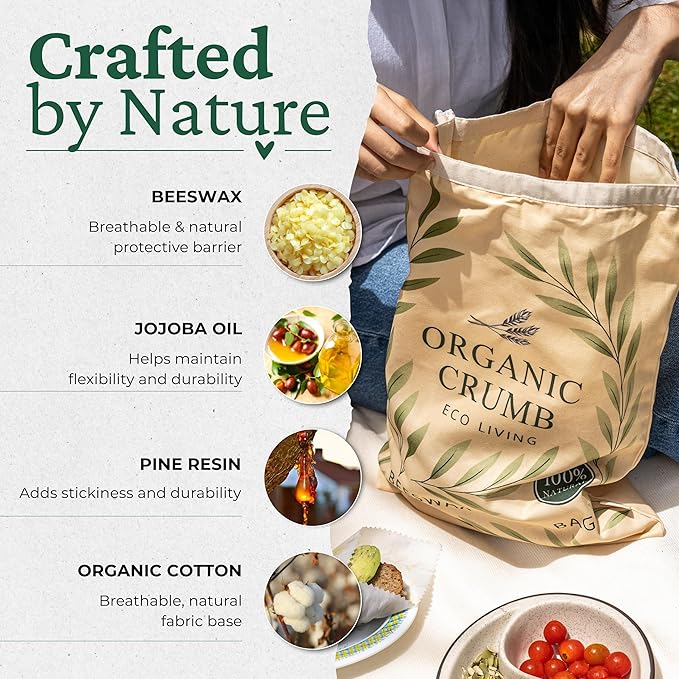 Organic Crumb Reusable Bread Bags for Homemade Bread (5 in 1) – 2 XL Cotton Beeswax Bags, Reusable Beeswax Wrap, Bowl Cover & Dough Scraper – Eco-Friendly Storage for Sourdough Bread Bags.