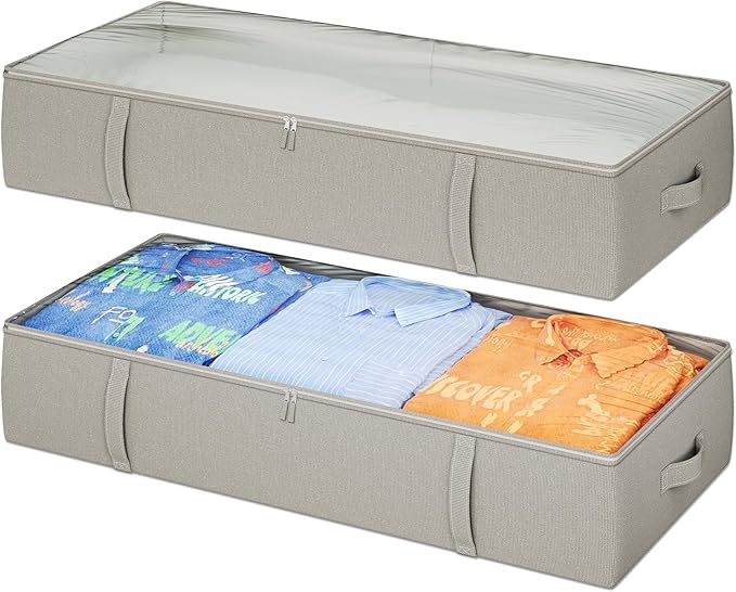 TidyCorner 2-Pack Under Bed Storage Containers, 8 Inches Tall Underbed Clothes Storage Organizer Bin with Sturdy Sidewalls/Bottom, Under the Bed Storage Bags 2 Storage Bins, Light Grey