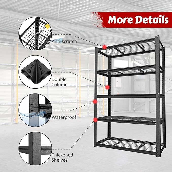 BlueWish 2500LBS Wire Rack Shelving, 20”D x 48”W x 72”H Storage Racks and Shelving with Reinforced Wire Partition, Double Column, Heavy Duty Garage Shelves for Warehouse Closet Kitchen, Black