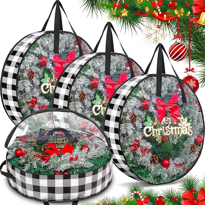 Shappy 4 Pcs Christmas Wreath Storage Bag Wreath Storage Container with Clear Window Plaid Wreath Storage Box with Handles for Storing Garland Holiday Wreath Wrapping(24 Inch,White Black)