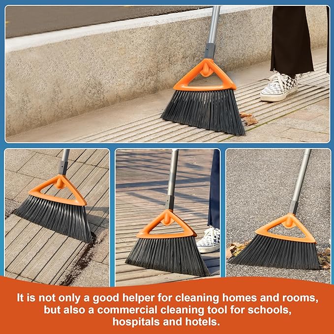 Outdoor Brooms for Sweeping Patio, Commercial Grade Heavy Duty Broom with Stiff Bristle for Sweeping Garage,Deck,Kitchen,Straw, Outside Broom for Cleaning Pet Hair,Weeds,Leaves,Grey