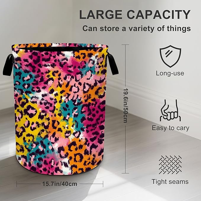 Leopard Print Laundry Basket Storage Bin Foldable Laundry Hamper Clothes Storage Bucket Organizer 19.6x15.7 Inch For Laundry Room/Bedroom/Bathroom