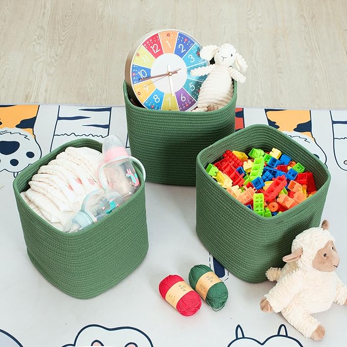 MINTWOOD Design 3-Pack 11x11 Inch Cube Storage Bin, Woven Storage Cube Organizer, Closet Organizer, Cute Square Storage Bins, Decorative Classroom Bathroom Pantry and Shelf Baskets, Green