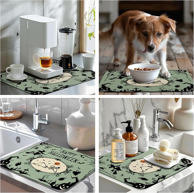 Wnoesat Happy Halloween Dish Drying Mat for Kitchen Counter 16x18 Skull Pumpkin Witch Spider Web Bat Ghost Drying Mats Green Black Absorbent Microfiber Dish Drainer Rack Pad for Coffee Bar