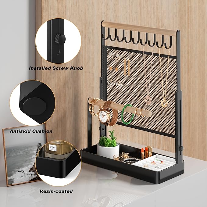 IOAIANIA Jewelry Organizer Stand with Velvet Ring Holder, Liftable Necklace Holder with Earring Organizer Net, 9 Hooks Necklaces Storage Wooden Handing Bar for Bracelets Watches Rings (Black)