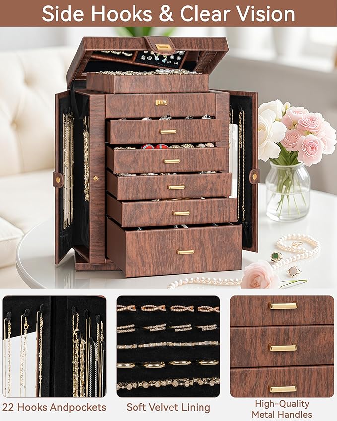 AKOZLIN 360° Rotating Jewelry Box Extra Large 6-Tier Organizer Functional Jewelry Storage Case for Women Girls Ring Necklace Earring Bracelet Holder with Mirror Red Brown