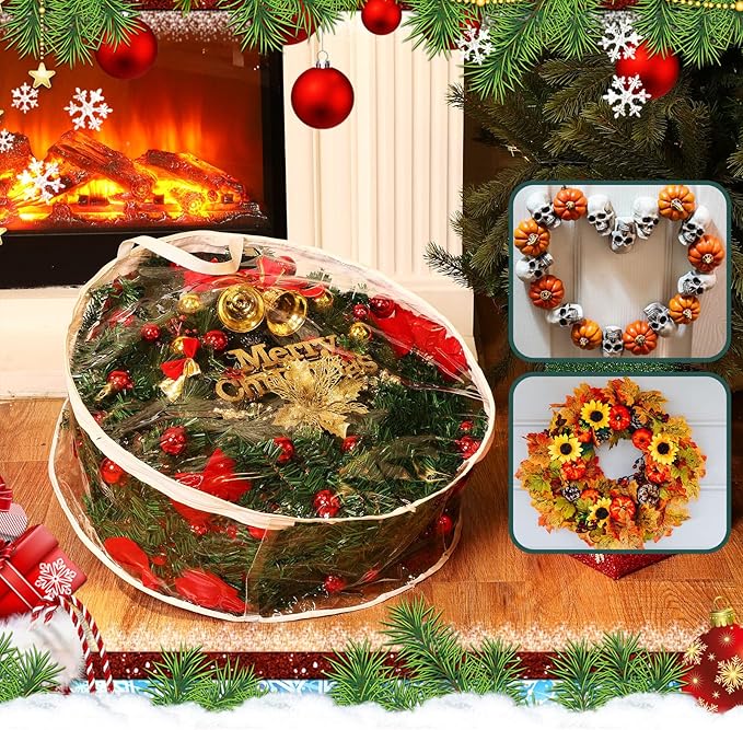 Zhengmy 5 Pcs 30 Inch Christmas Wreath Storage Bags Transparent Wreath Storage Container Bulk Wreaths Box with Dual Zippers and Handles for Xmas Holiday Wreaths Garland