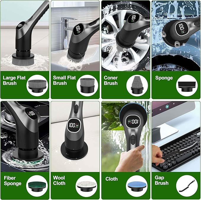 Electric Spin Scrubber, Shower Scrubber with Long Handle Adjustable LCD Display, 2 Speed Shower Cleaner, 7 Replaceable Brush Heads Bathroom Cleaning Brush, Bath Tub Power Scrubbers Black G3