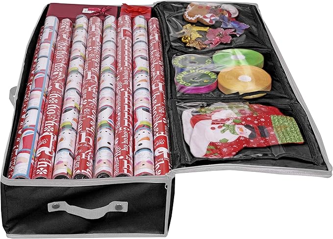 Primode Wrapping Paper Storage Container | Gift Wrap Organizer Under Bed | 41”x14”x6” | Box Holder for 18-24 Rolls Up to 40” | 600D Oxford Material | Pockets for Ribbon, Bows, and Accessories (Black)