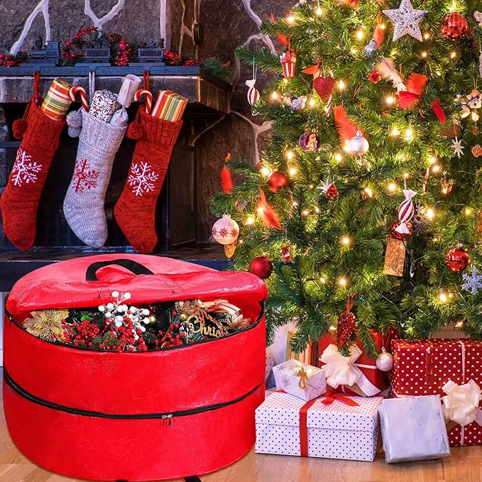 Hoolerry Double Layer Christmas Wreath Storage Container Bags Double Wreath Storage Container Zippered Bag with Handle Festive Storage Box Storage for Xmas Garlands, Red(2 Pcs,30 Inch)