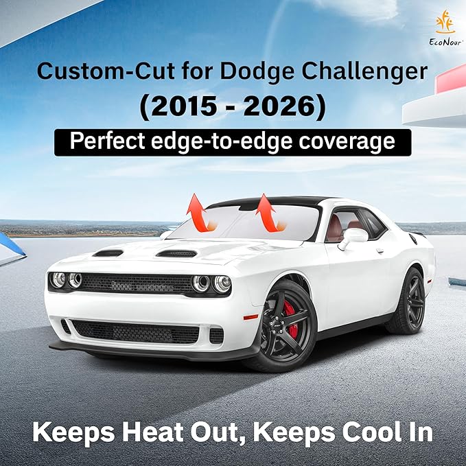 EcoNour Windshield Sun Shade Compatible for Dodge Challenger (2015-2026) | 4-Layer Front Window Shade for Coupe Models | 240T Sunshade Accessories | UV & Heat Blocker for Challenger Windshield
