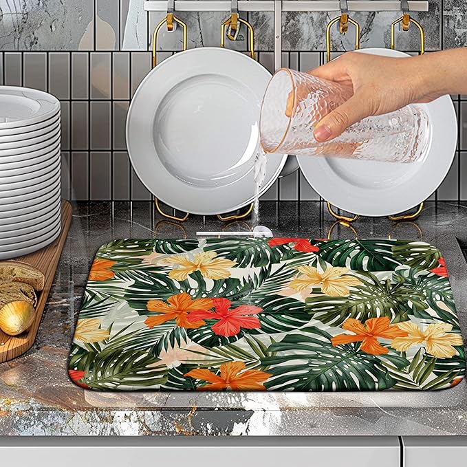 Wnoesat Tropical Leaves Flower Drying Mat for Kitchen Counter Summer Palm Leaf Drying Dish Mat Watercolor Herbs Dishes Pad Absorbent Fast Dry Kitchen Accessories 16x18 Inch