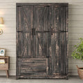 AMERLIFE Farmhouse 3 Door Wardrobe Closet with 2 Drawers & Hanging Rod, 47" Large Armoire Storage Cabinet with Adjustable Shelves, Freestanding Clothing Organizer for Bedroom, Black Oak