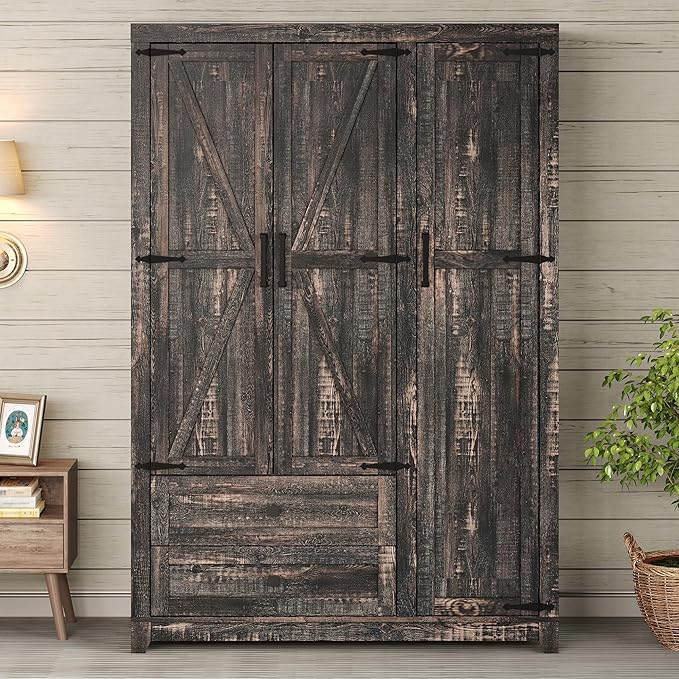 AMERLIFE Farmhouse 3 Door Wardrobe Closet with 2 Drawers & Hanging Rod, 47" Large Armoire Storage Cabinet with Adjustable Shelves, Freestanding Clothing Organizer for Bedroom, Black Oak