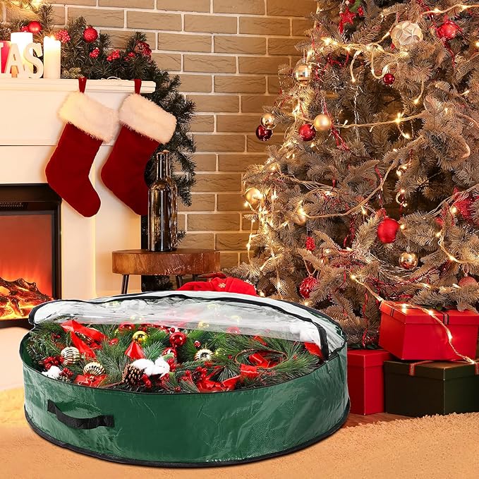 Aliceset 4 Pack Wreath Storage Containers, Christmas Ornament Garland Wreath Storage Bags with Handle Dual Zipper Large Decorative Storages Box for Winter Wreaths(30 x 30 x 7.8 Inch,Green)