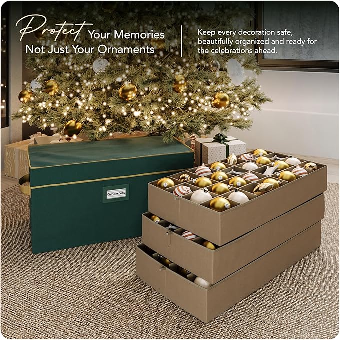 Covermates Keepsakes Adjustable Ornament Storage Box – Heavy-Duty Polyester, Padded Dividers & FlexGrid Trays – Protective Holiday Organizer with Stackable Walls & Label Window, Green