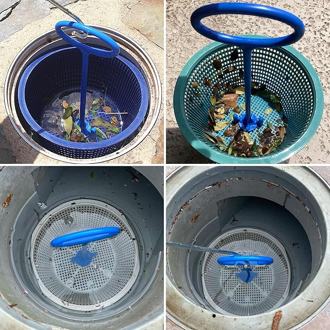RunNico Skimmer Basket Handle,Universal Pool Skimmer Baskets Hook Tool with Handle,Inground Swimming Basket Handle Cleaning Tool for Debris Removal,Keep Hands Clean and Safe Supplies