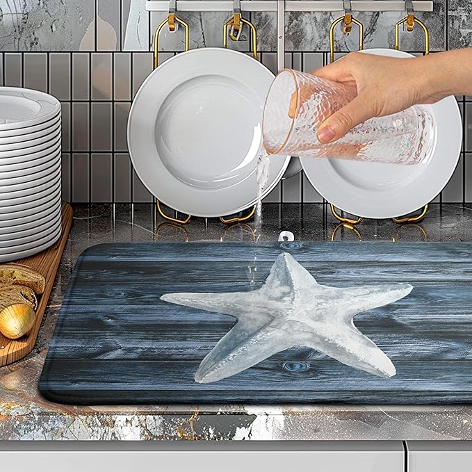 Wnoesat Summer Starfish Dish Drying Mat for Kitchen Counter Navy Blue Microfiber Absorbent Dish Drainer Rack Mats Coastal Ocean Themed Kitchen Sink Dishes Pad 18 X 24 Inch