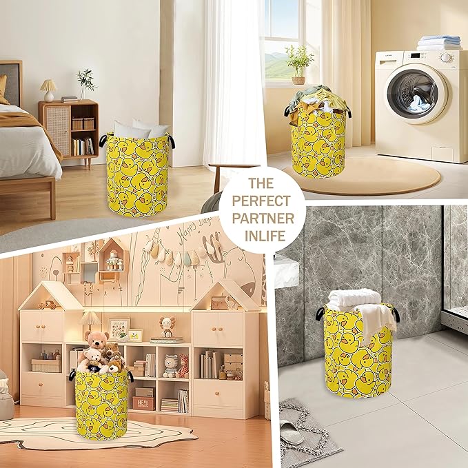 Collapsible Laundry Basket,Yellow Ducks Dirty Clothes Hamper,Cute Cartoon Animal Hampers for Bedroom Waterproof Oxford Cloth Storage Organizer for Bathroom,Nursery,Dorm,16x20 Inch
