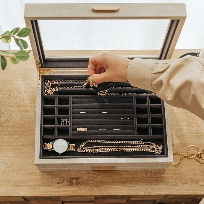 CASE ELEGANCE Large 3 Tier Jewelry Box, Storage Case Organizer for Women Girls Wife, Glass Lid for Earrings Bracelets Rings Necklaces, Shagreen Vegan Leather, Velvet Lined Jewelry Box, Brass Hardware