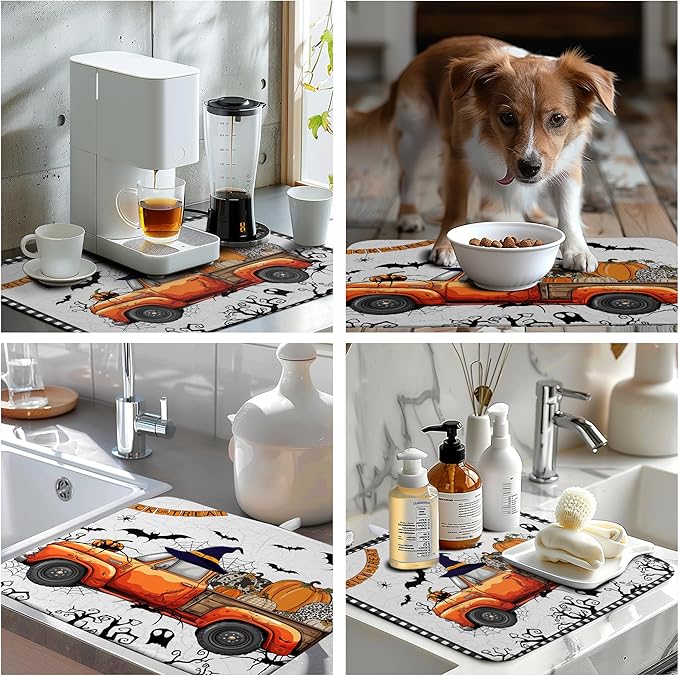Happy Halloween Pumpkin Truck Dish Drying Mat For Kitchen Trick or Treat Microfiber Absorbent Dish Drying Mats Spooky Black Bat Ghost Self Dish Draining Mat 18x24 In Coffee Bar Spill Pad Decoration