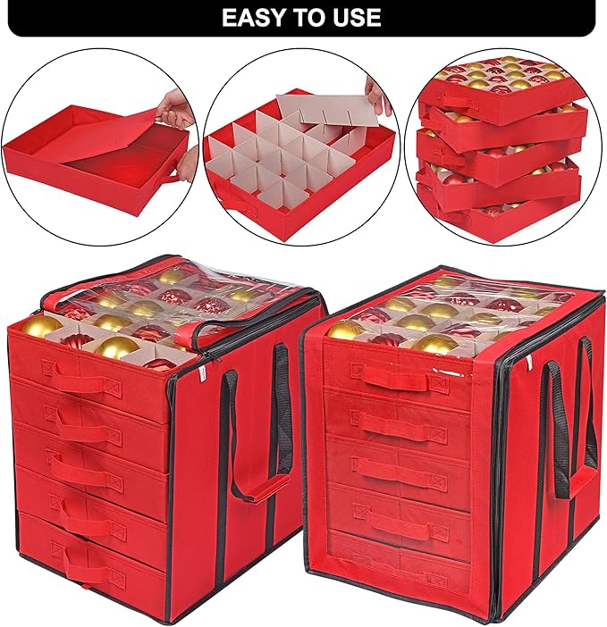ProPik Christmas Ornament Storage Boxes with Dividers - 5 Separate Trays - Ornament Holder - Keeps 100 Holiday Ornaments - Durable Carrying Bag Handles Organizer Storage Box (Red)