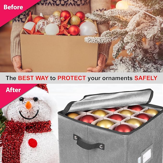 ProPik Christmas Ornament Storage Box, 4 Tier Holds Up to 64 Holiday Ornaments Decoration Balls, Storage Container with Dividers for 3” Bulbs, Made with Durable Oxford Polyester Material (Gray)
