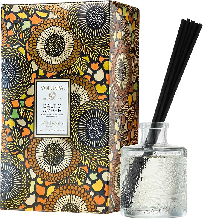 Voluspa Baltic Amber Scented Reed Diffuser, 3.4 oz, Oil Reed Diffusers for Home, Handcrafted in The USA