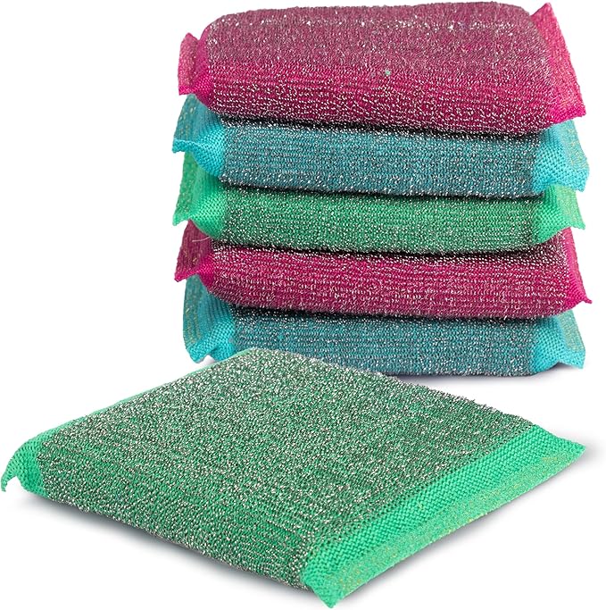 Simplified 6-Pack Steel Scouring Sponges with Rust Resistant Stainless Steel Threading for Home and Kitchen Cleaning Supplies, Heavy Duty Cleaning Sponge for Kitchen & Bathroom, Multicolor