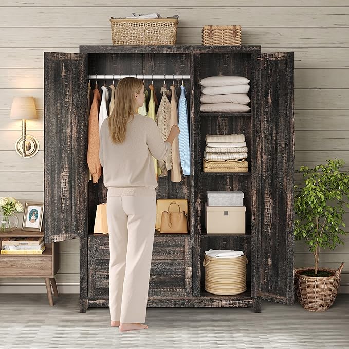 AMERLIFE Farmhouse 3 Door Wardrobe Closet with 2 Drawers & Hanging Rod, 47" Large Armoire Storage Cabinet with Adjustable Shelves, Freestanding Clothing Organizer for Bedroom, Black Oak