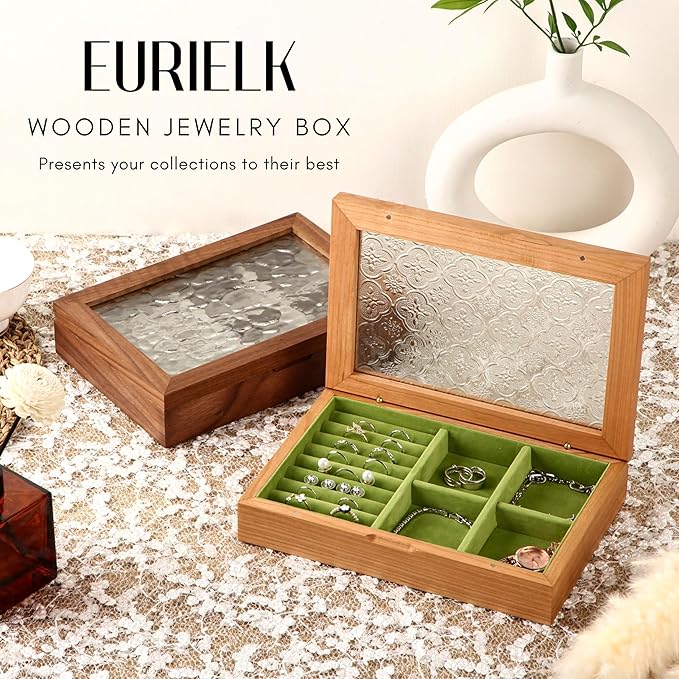 Wooden Jewelry Box for Women, Medium Size Natural Solid Cherry Wood Vintage Trinket Organizer with Large Storage, Ring Compartments, Built in Necklace Hooks, Glass Lid, ek06-m-cherry