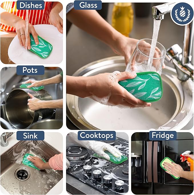 Simplified 5-Pack Scrub & Wipe 2-in-1 Dishwashing Sponges - Non-Abrasive Cleaning Sponges, Double-Sided - Safe for Dishes, Non-Stick Pans or Glassware, Absorbent Dish Sponges, Green Leaves