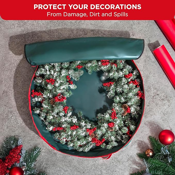 HOLDN’ STORAGE Premium Wreath Storage Bag - Durable Material - Waterproof - Heavy-duty Christmas Storage Container for Xmas Wreath with Dual Zipper Closure, Tear-proof, 36"W x 8"D - Green