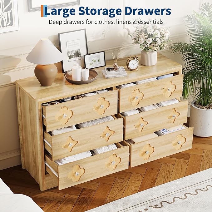 Garvee Dresser for Bedroom with 6 Drawers, 47.2'' Wide Chest of Large Decorative Drawer Front with Large Clothes Storage Cabinet, Wood Bedroom Dresser, TV Stand for Nursery, Living Room, Hallway, Oak